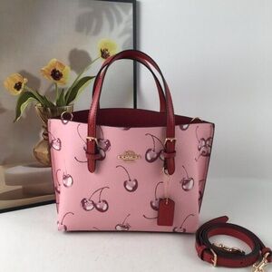 COACH Mollie Tote 25 2way Shoulder Bag Canvas Leather Cherry Pink